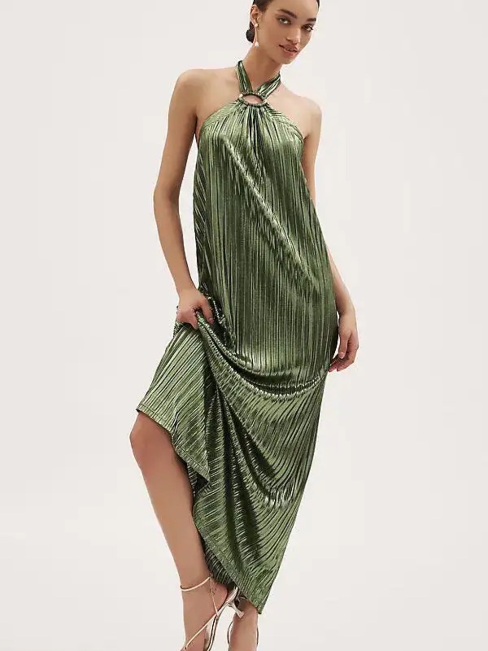 Nightcap Metallic Pleated Halter Gown Size S Green Lamé Maxi Dress NWT Resort